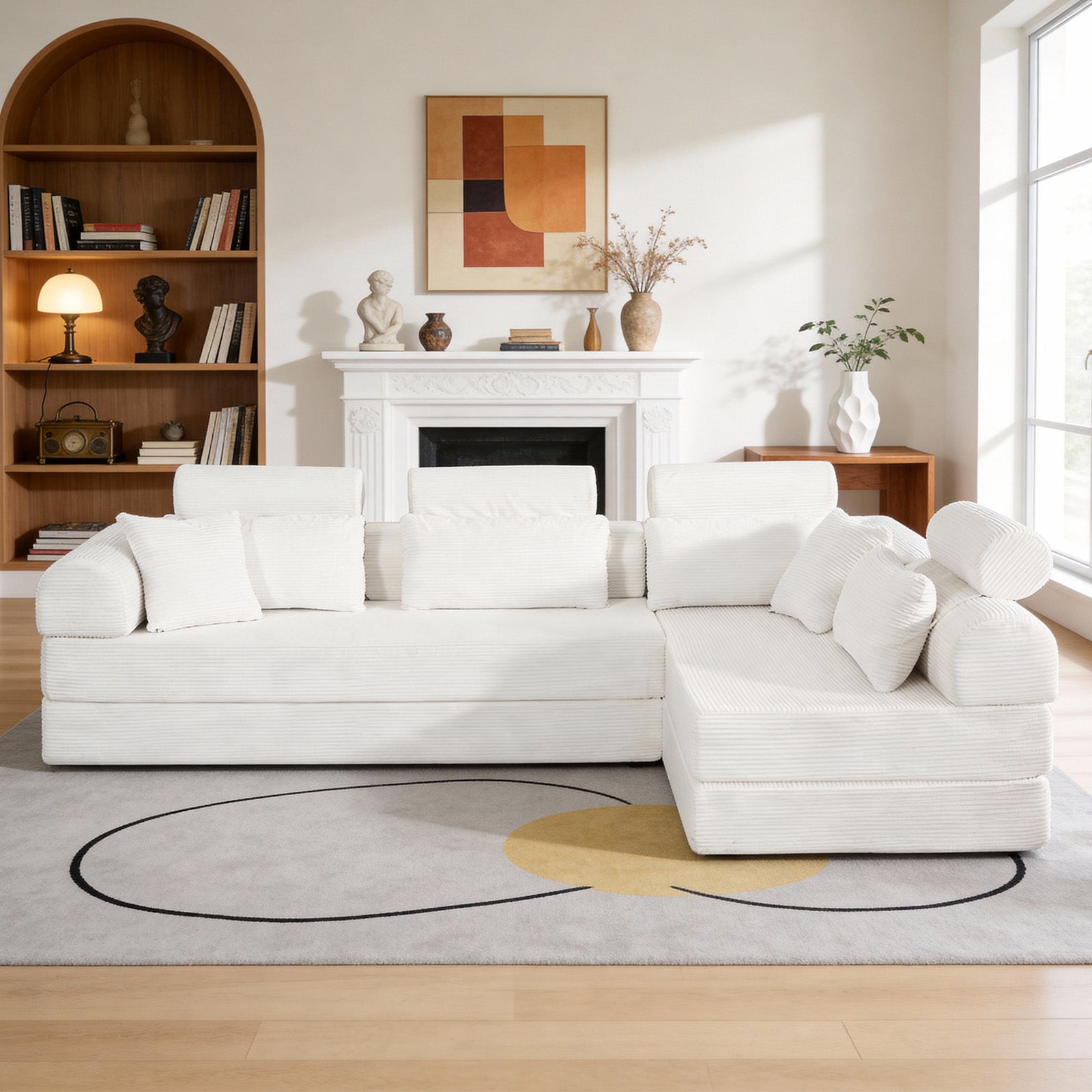 L shape Modular Sectional Sofa, Compressed Sectional Sofa Modern Minimalist Style Corduroy Couch,Unfold into a bed, Bedroom, Comfy Compressed Sofa Couch Space-Efficient Design(Beige)
