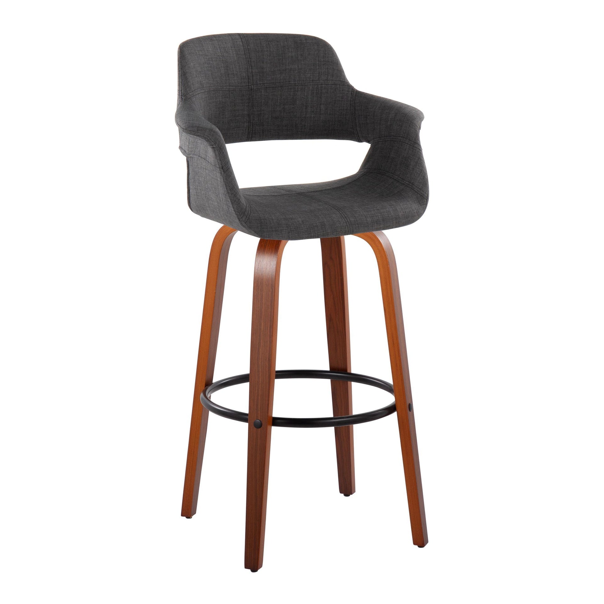 Vintage Flair 30" Mid-Century Modern Fixed-Height Barstool with Swivel in Walnut Wood and Charcoal Fabric with Round Black Metal Footrest by LumiSource - Set of 2