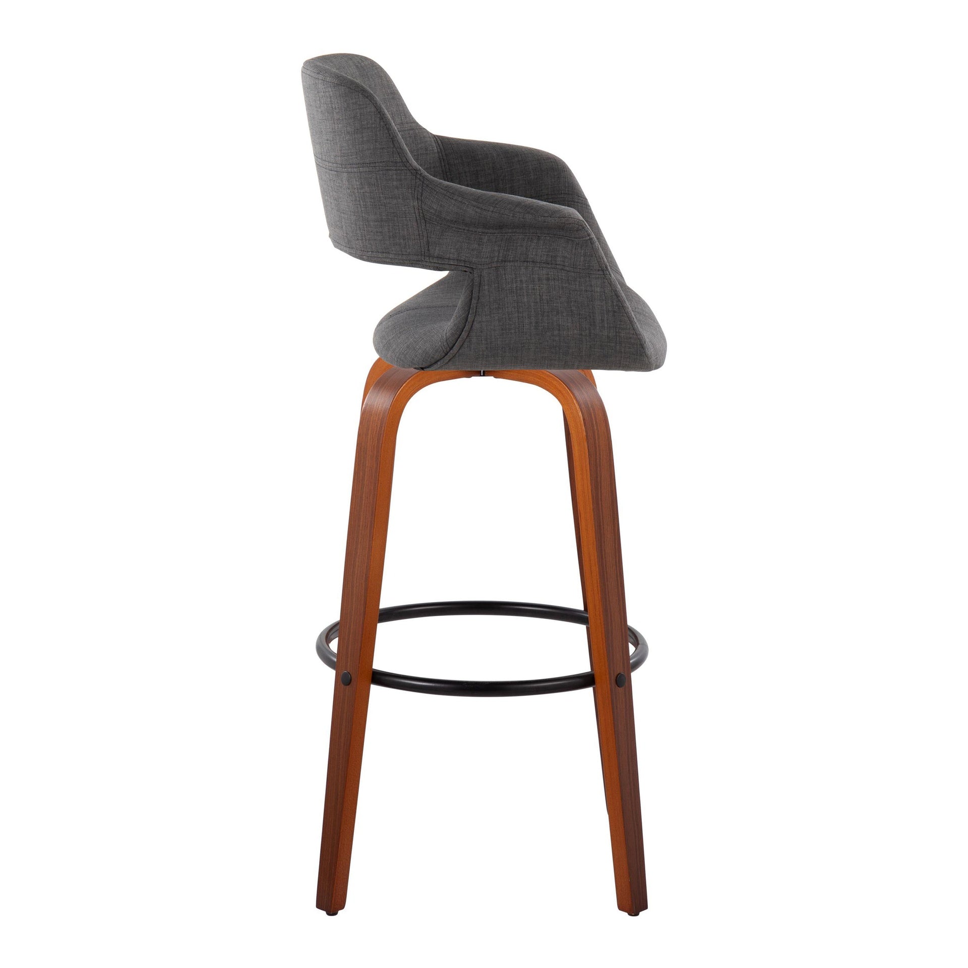 Vintage Flair 30" Mid-Century Modern Fixed-Height Barstool with Swivel in Walnut Wood and Charcoal Fabric with Round Black Metal Footrest by LumiSource - Set of 2