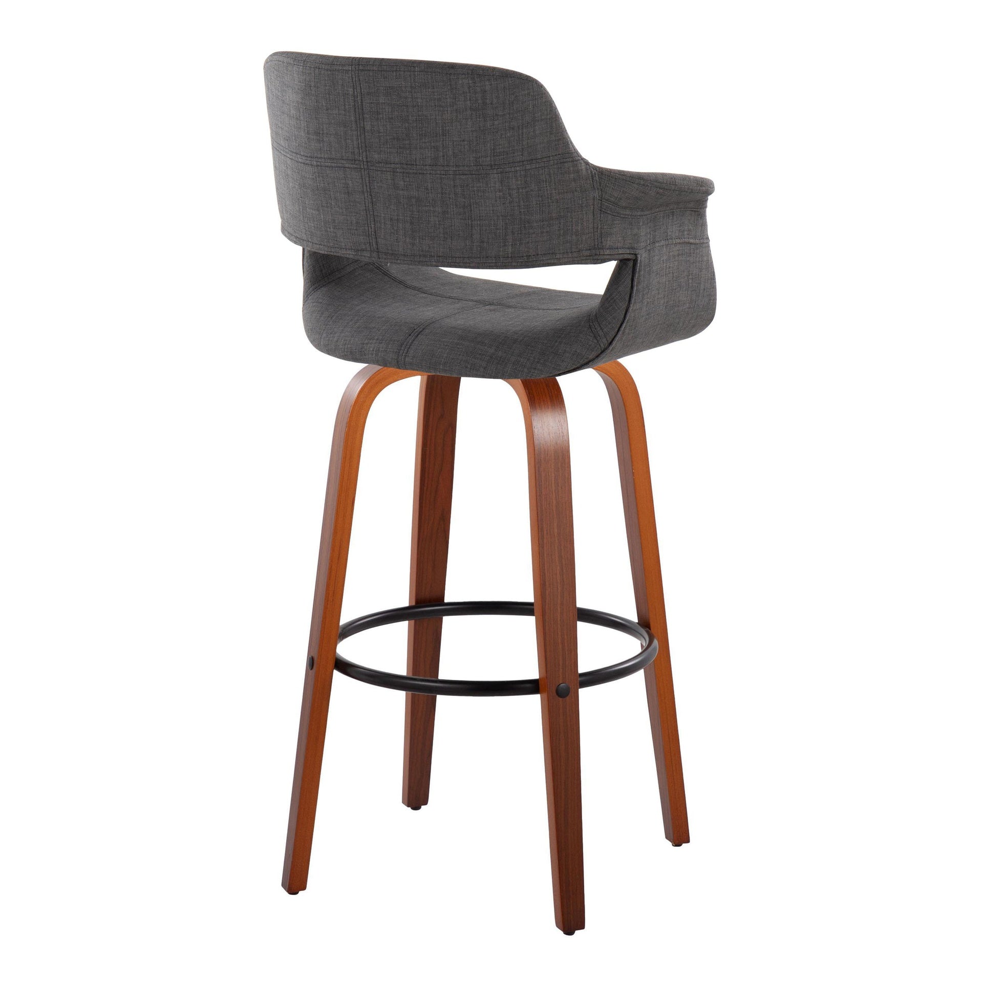 Vintage Flair 30" Mid-Century Modern Fixed-Height Barstool with Swivel in Walnut Wood and Charcoal Fabric with Round Black Metal Footrest by LumiSource - Set of 2