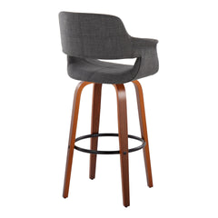 Vintage Flair 30" Mid-Century Modern Fixed-Height Barstool with Swivel in Walnut Wood and Charcoal Fabric with Round Black Metal Footrest by LumiSource - Set of 2