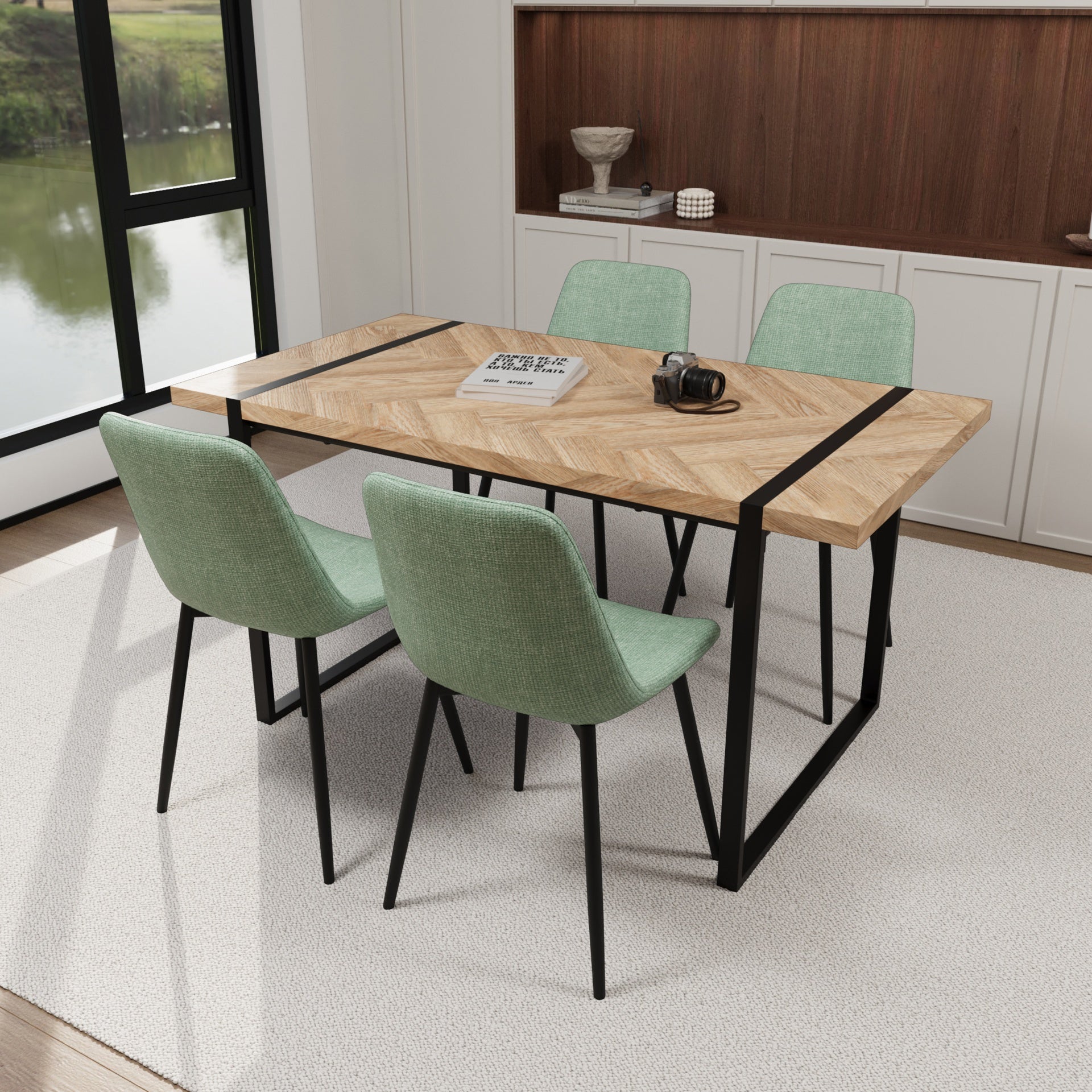 59" MDF light wood dining table and modern dining chair 4-piece set, medieval wooden kitchen dining table set, rectangular metal base, dining table and suede chair