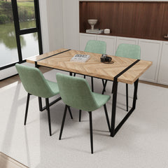 59" MDF light wood dining table and modern dining chair 4-piece set, medieval wooden kitchen dining table set, rectangular metal base, dining table and suede chair