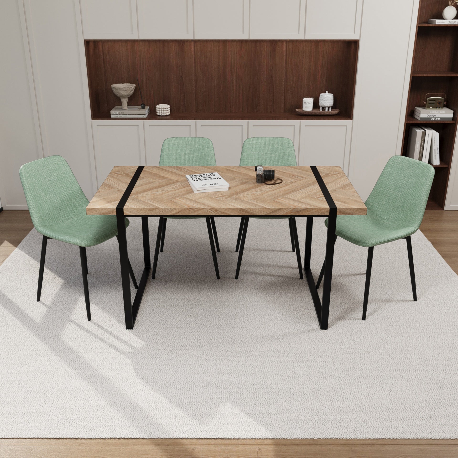 59" MDF light wood dining table and modern dining chair 4-piece set, medieval wooden kitchen dining table set, rectangular metal base, dining table and suede chair