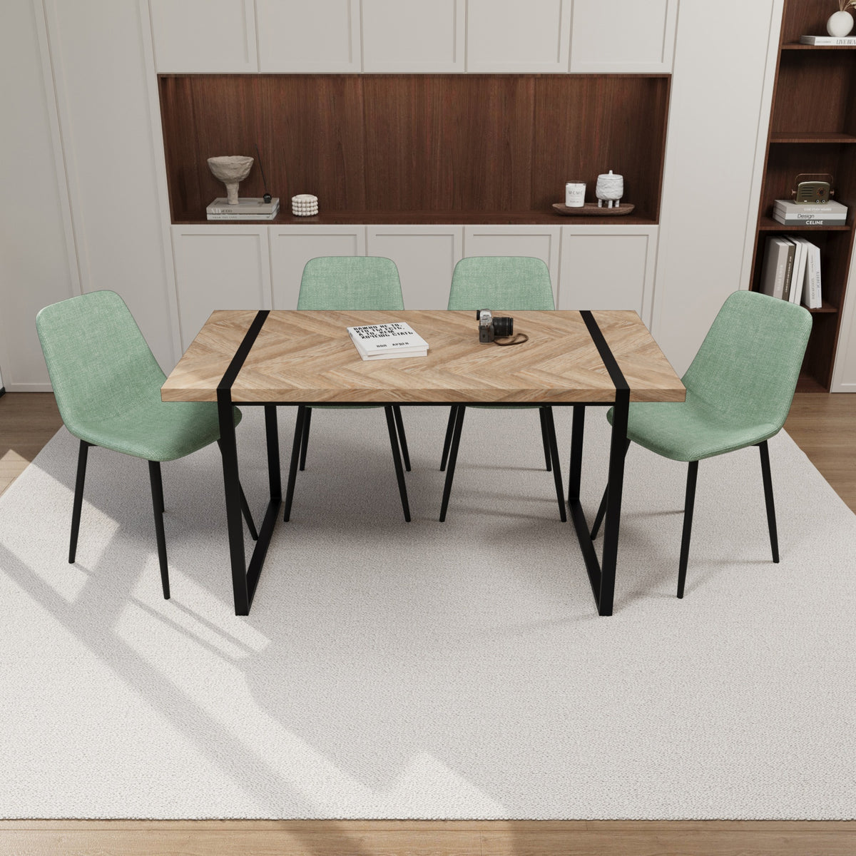 59" MDF light wood dining table and modern dining chair 4-piece set, medieval wooden kitchen dining table set, rectangular metal base, dining table and suede chair
