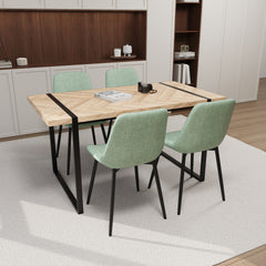 59" MDF light wood dining table and modern dining chair 4-piece set, medieval wooden kitchen dining table set, rectangular metal base, dining table and suede chair