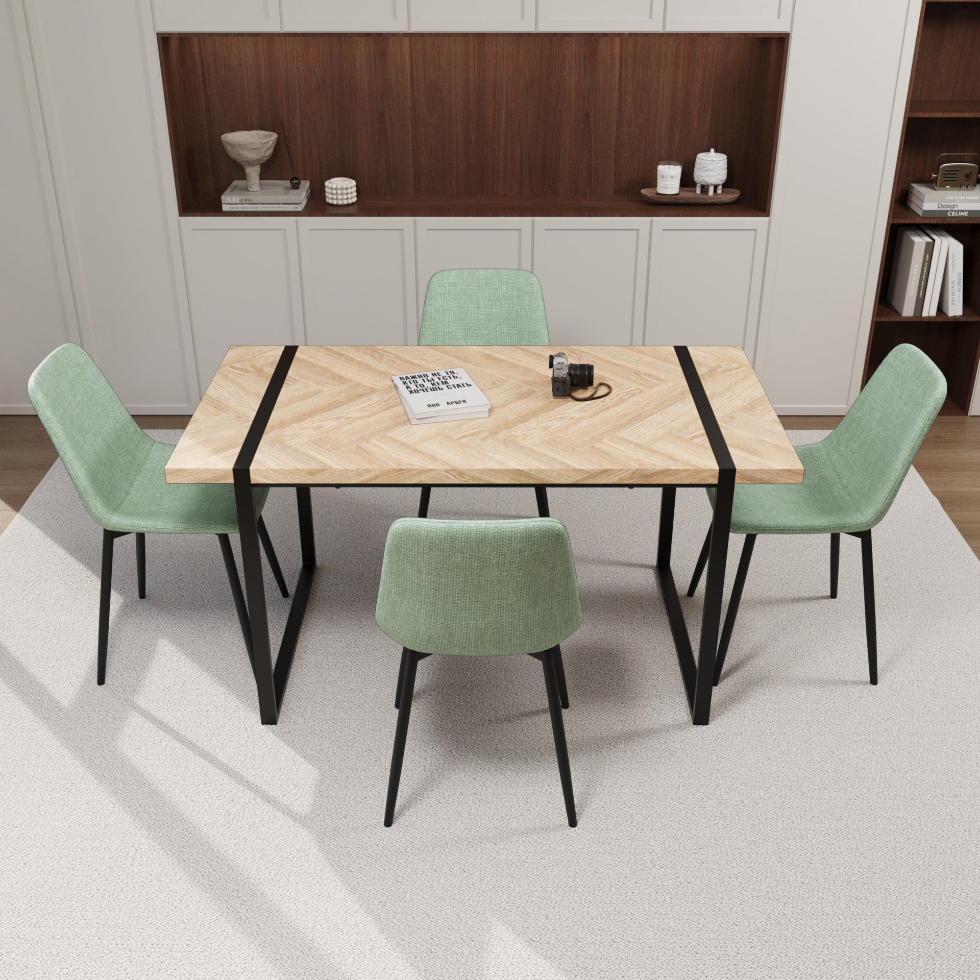 59" MDF light wood dining table and modern dining chair 4-piece set, medieval wooden kitchen dining table set, rectangular metal base, dining table and suede chair