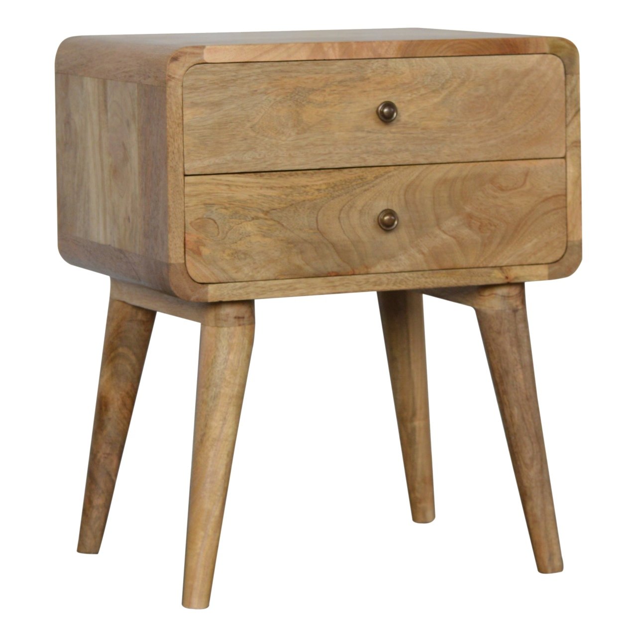 Solid Wood Curved Bedside, 2 Drawers, Oak-ish, Light Brown