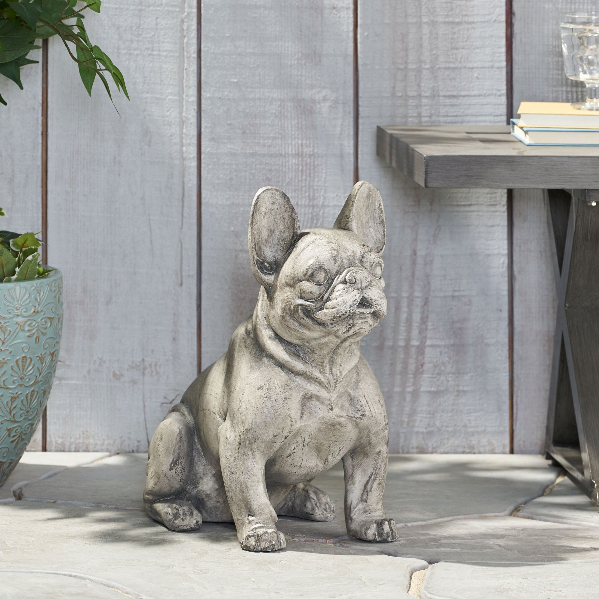 DOG GARDEN SCULPTURE, Outdoor French Bulldog Garden Statue, Gray, No Assembly Required