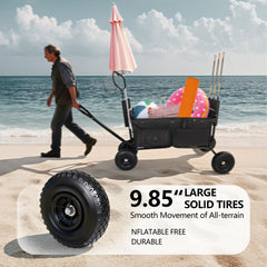 Fishing Cart Beach Cart Collapsible Wagon 9.85'' All-Terrain Wheels for Sand, Heavy Duty Garden Cart with Rod Holders,Umbrella Holder and Storage Pockets, 550lb Large Capacity, Black