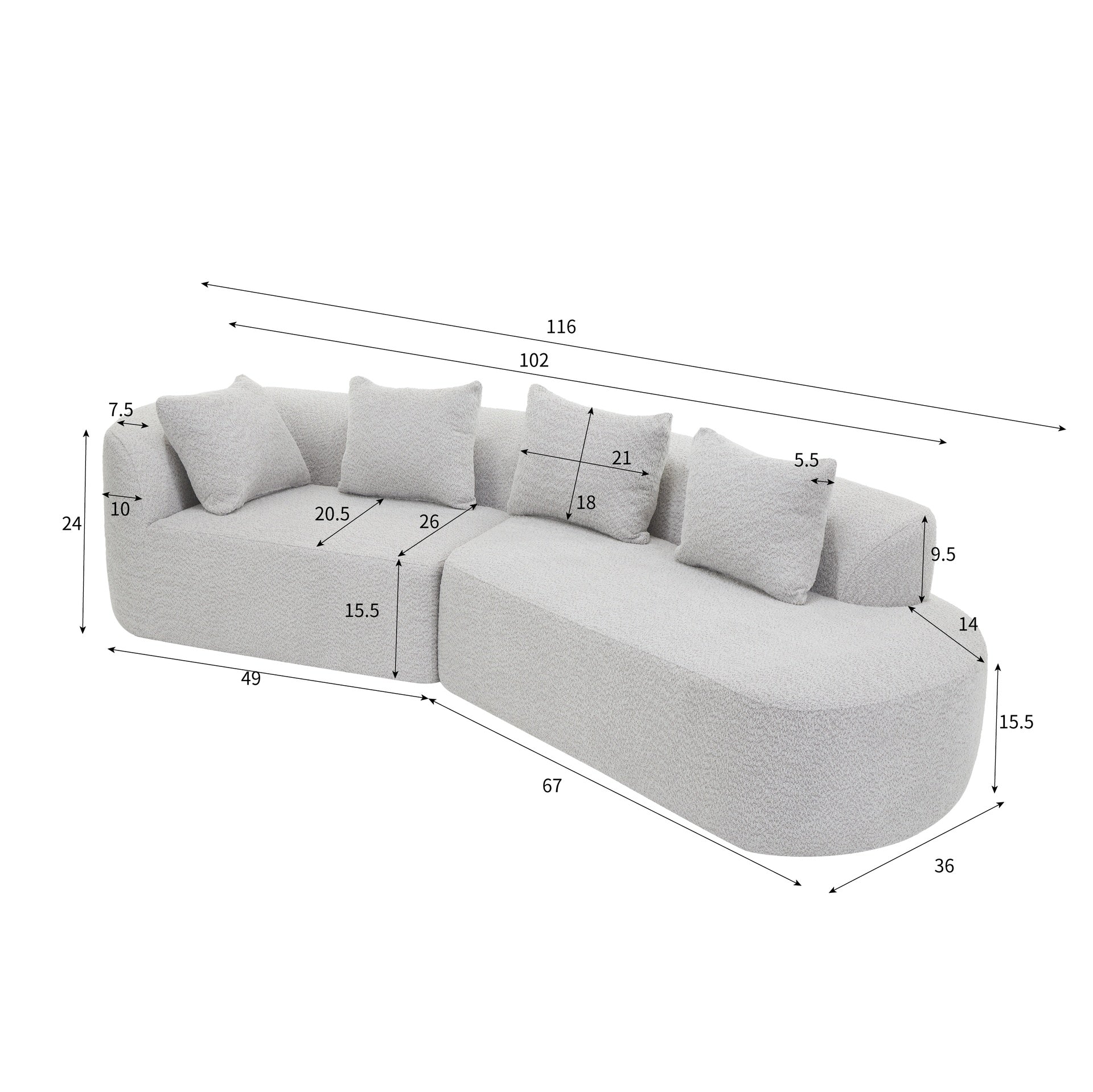 116" Modern Curved Sectional Sofa with High-Density Fully Compressed Sponge and Chaise Lounge, Pearl Upholstery, 2-Piece Set, Fully Assembled Right Hand Facing, Perfect for Living Room, Lounge