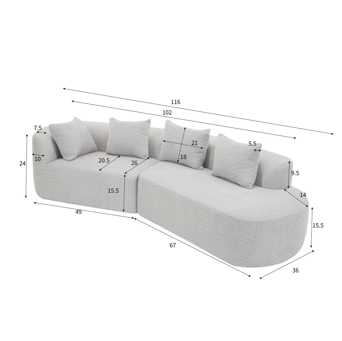 116" Modern Curved Sectional Sofa with High-Density Fully Compressed Sponge and Chaise Lounge, Pearl Upholstery, 2-Piece Set, Fully Assembled Right Hand Facing, Perfect for Living Room, Lounge
