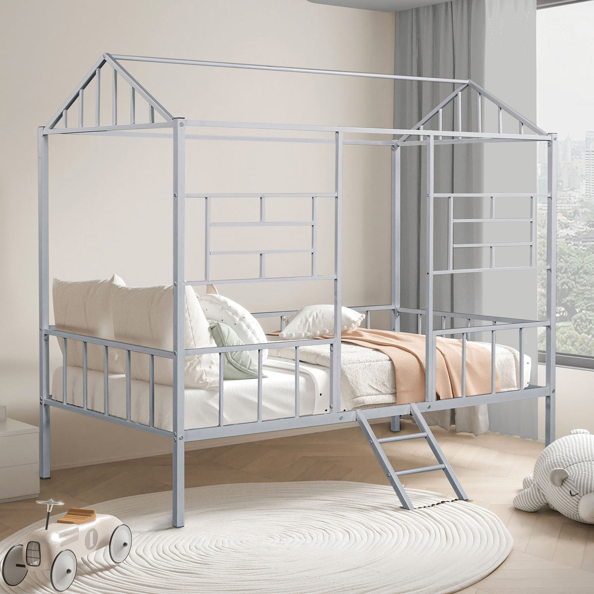 Twin Bunk Bed Contemporary Style House Design With Full Metal Construction And Angled Ladder, Silver