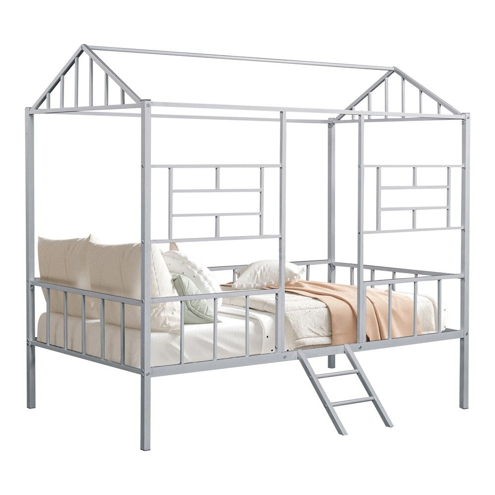Twin Bunk Bed Contemporary Style House Design With Full Metal Construction And Angled Ladder, Silver