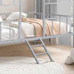 Twin Bunk Bed Contemporary Style House Design With Full Metal Construction And Angled Ladder, Silver