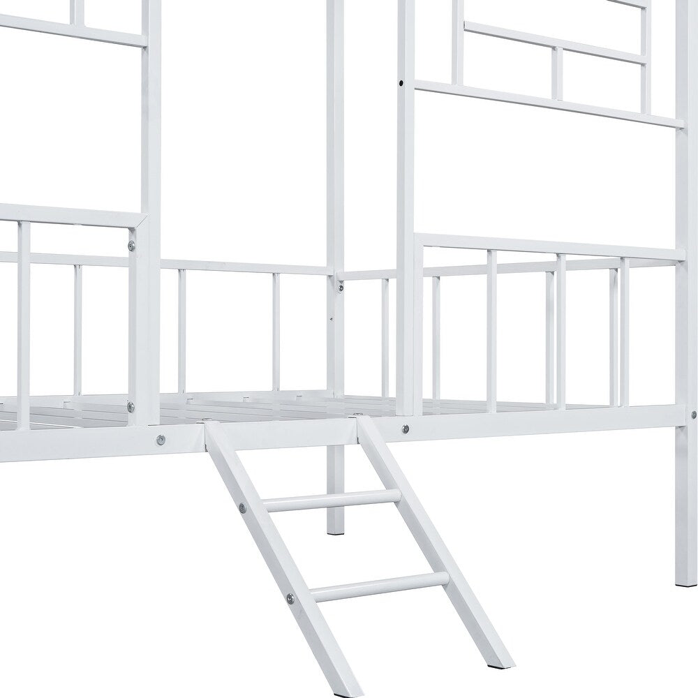 Twin Bunk Bed Contemporary Style House Design With Full Metal Construction And Angled Ladder, Silver
