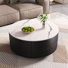 Modern Round Movable Coffee Table with Casters, 2 Drawers, Marble Pattern Sintered Stone Top, Black, 29.5"