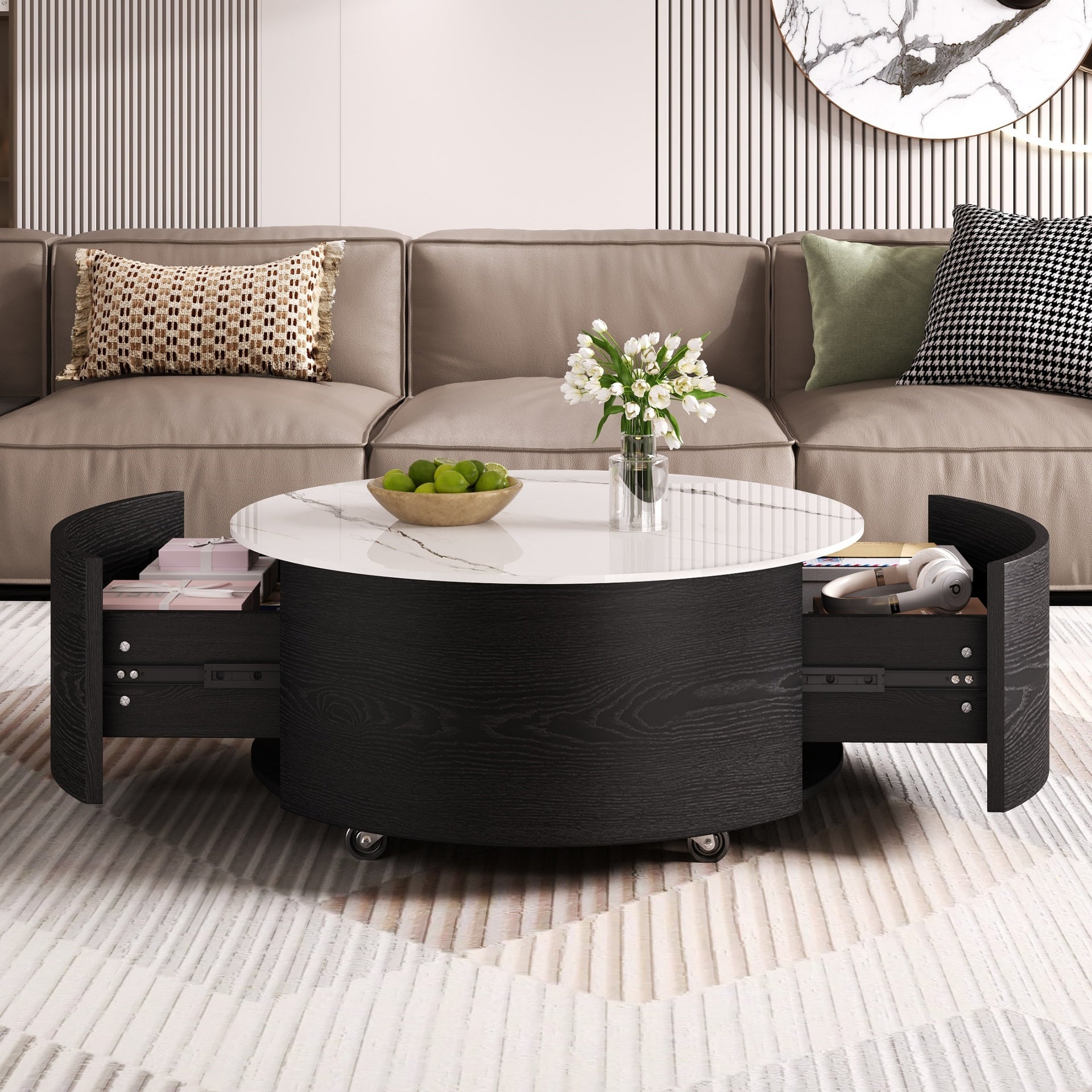 Modern Round Movable Coffee Table with Casters, 2 Drawers, Marble Pattern Sintered Stone Top, Black, 29.5"