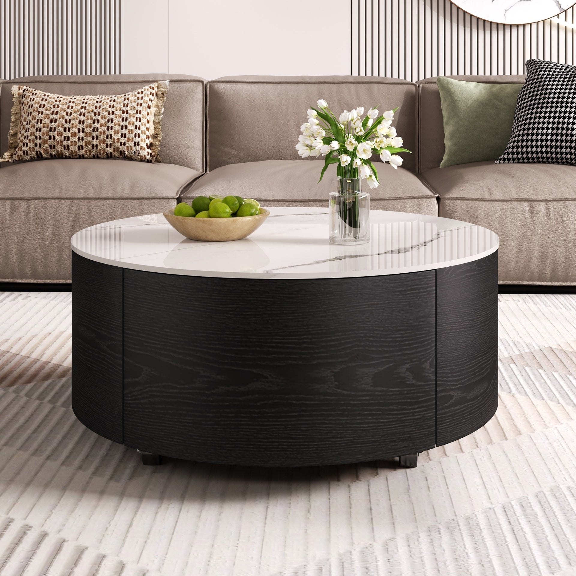 Modern Round Movable Coffee Table with Casters, 2 Drawers, Marble Pattern Sintered Stone Top, Black, 29.5"