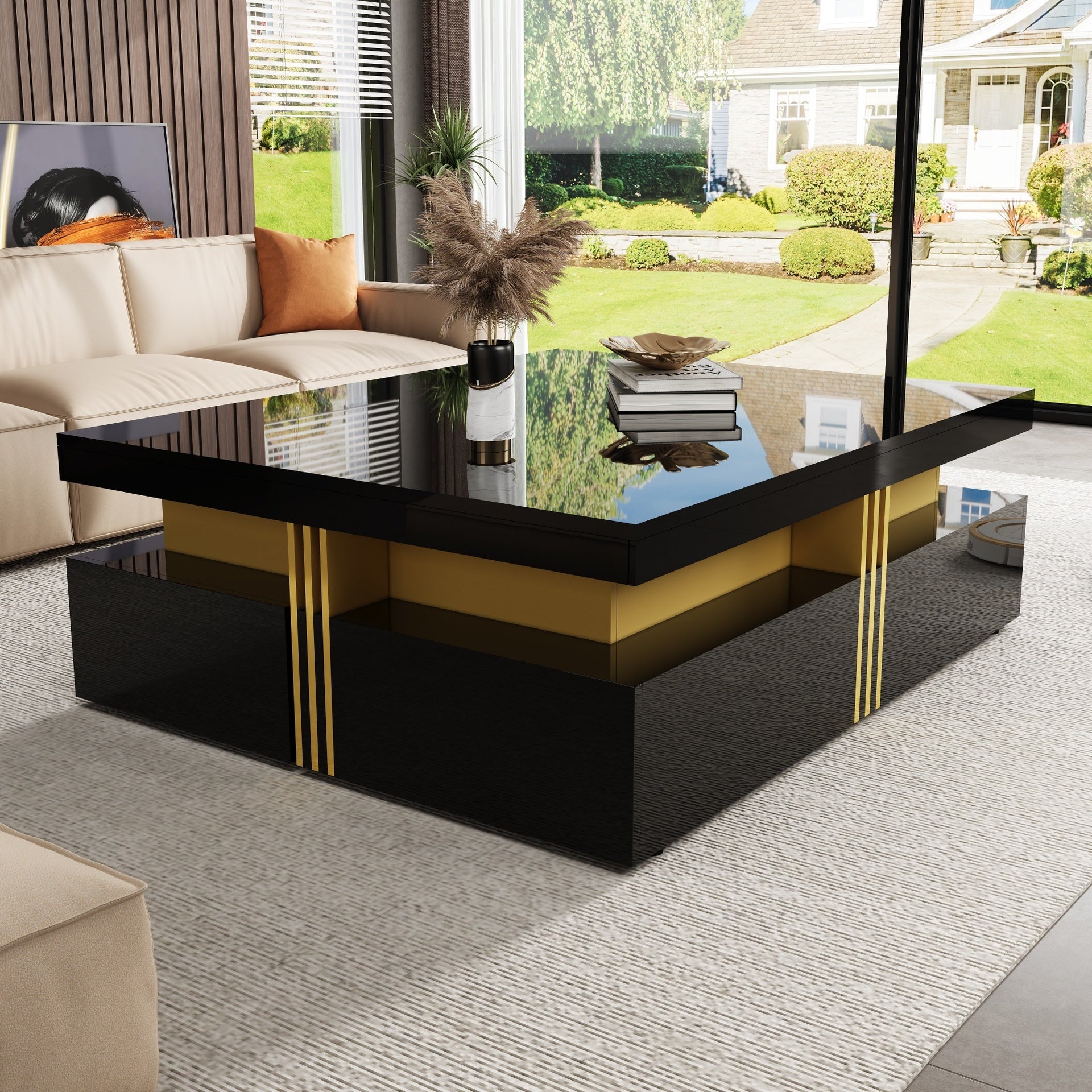 Modern Glossy Square Storage Coffee Table with 4 Drawers, 43.3", Black
