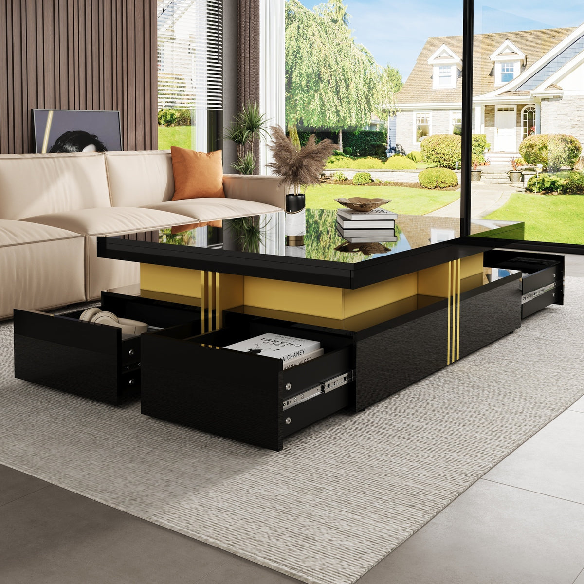 Modern Glossy Square Storage Coffee Table with 4 Drawers, 43.3", Black