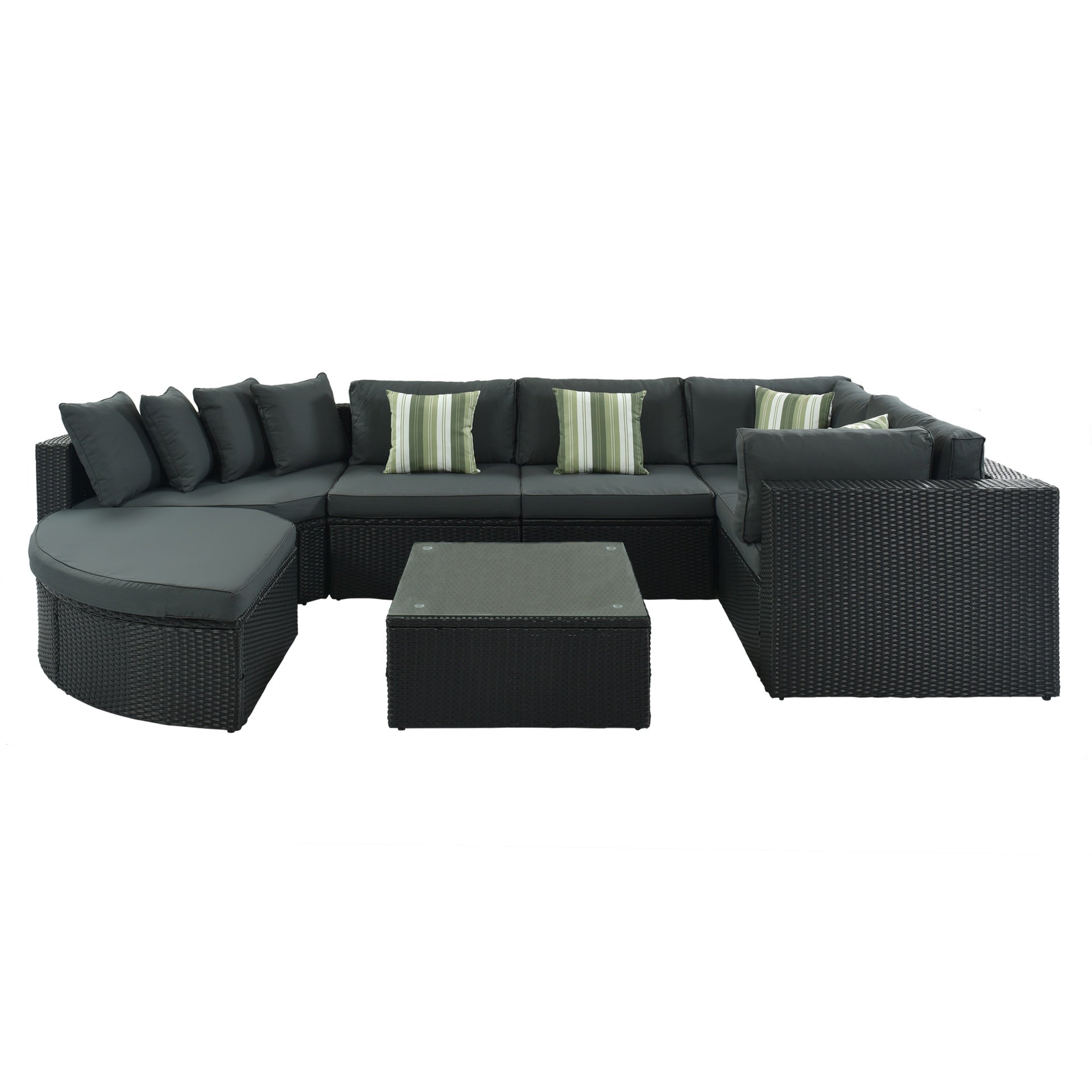 GO 7-piece Outdoor Wicker Sofa Set, Rattan Sofa Lounger, With Striped Green Pillows, Conversation Sofa, For Patio, Garden, Deck, Black Wicker, Gray Cushion