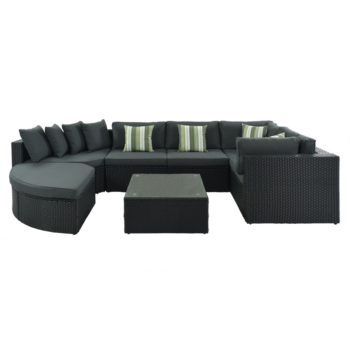 GO 7-piece Outdoor Wicker Sofa Set, Rattan Sofa Lounger, With Striped Green Pillows, Conversation Sofa, For Patio, Garden, Deck, Black Wicker, Gray Cushion