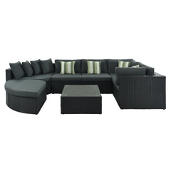 GO 7-piece Outdoor Wicker Sofa Set, Rattan Sofa Lounger, With Striped Green Pillows, Conversation Sofa, For Patio, Garden, Deck, Black Wicker, Gray Cushion