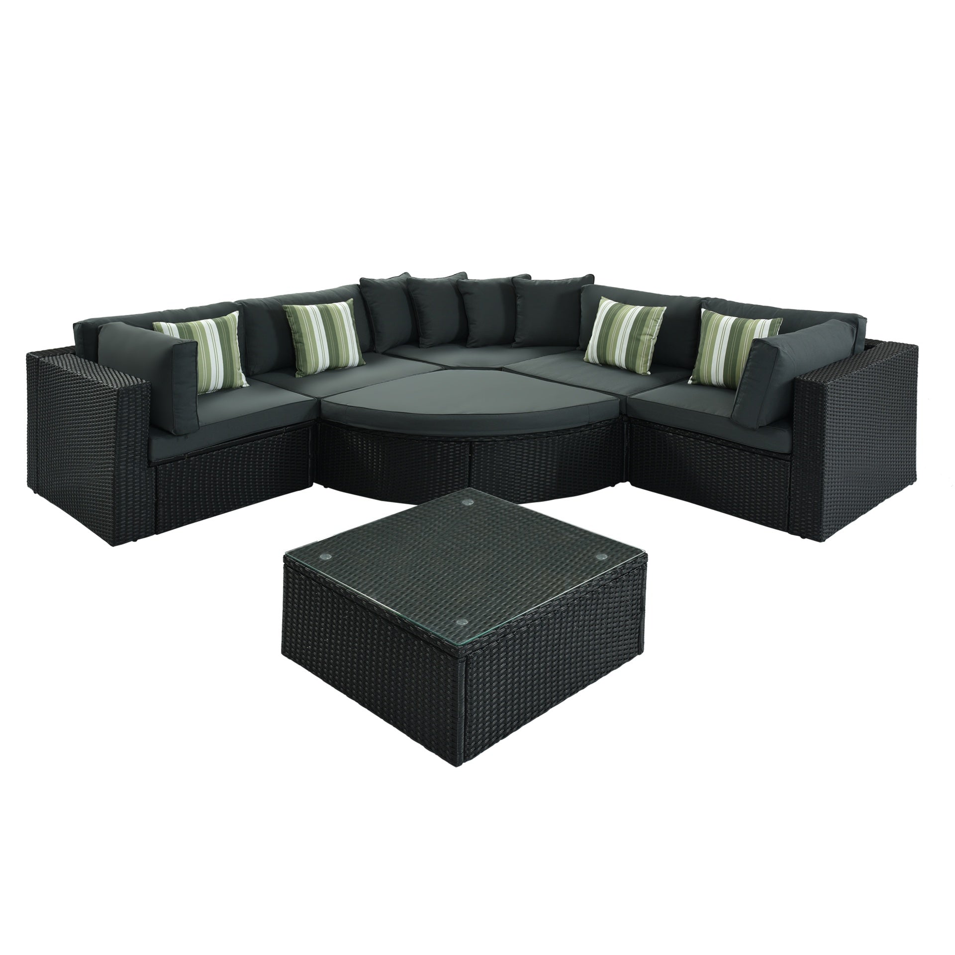 GO 7-piece Outdoor Wicker Sofa Set, Rattan Sofa Lounger, With Striped Green Pillows, Conversation Sofa, For Patio, Garden, Deck, Black Wicker, Gray Cushion