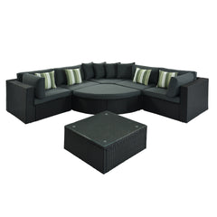 GO 7-piece Outdoor Wicker Sofa Set, Rattan Sofa Lounger, With Striped Green Pillows, Conversation Sofa, For Patio, Garden, Deck, Black Wicker, Gray Cushion