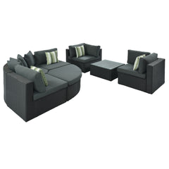 GO 7-piece Outdoor Wicker Sofa Set, Rattan Sofa Lounger, With Striped Green Pillows, Conversation Sofa, For Patio, Garden, Deck, Black Wicker, Gray Cushion