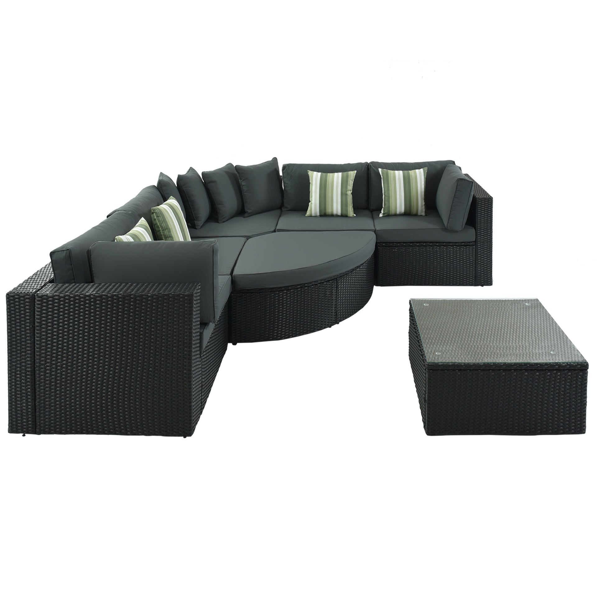 GO 7-piece Outdoor Wicker Sofa Set, Rattan Sofa Lounger, With Striped Green Pillows, Conversation Sofa, For Patio, Garden, Deck, Black Wicker, Gray Cushion