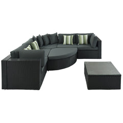 GO 7-piece Outdoor Wicker Sofa Set, Rattan Sofa Lounger, With Striped Green Pillows, Conversation Sofa, For Patio, Garden, Deck, Black Wicker, Gray Cushion