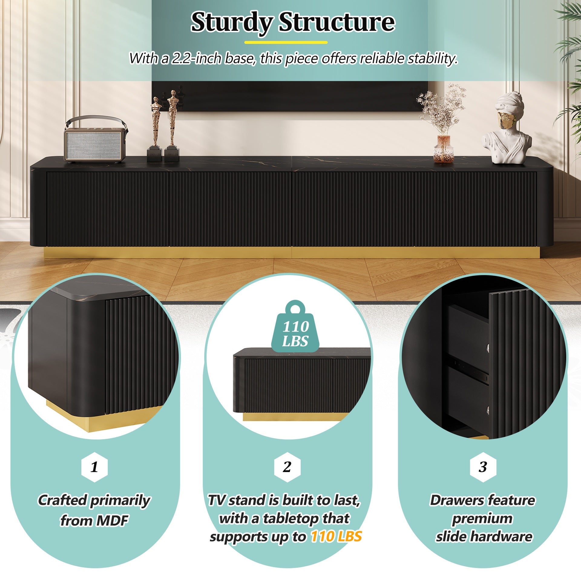 ON-TREND Luxury Fluted TV Stand for TVs Up to 85", Faux Marble Tabletop Media Console with 4 Drawers, Curved Profile Design, Modern Entertainment Center with Gold Base for Living Room, Black
