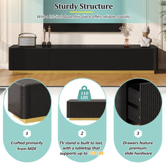 ON-TREND Luxury Fluted TV Stand for TVs Up to 85", Faux Marble Tabletop Media Console with 4 Drawers, Curved Profile Design, Modern Entertainment Center with Gold Base for Living Room, Black
