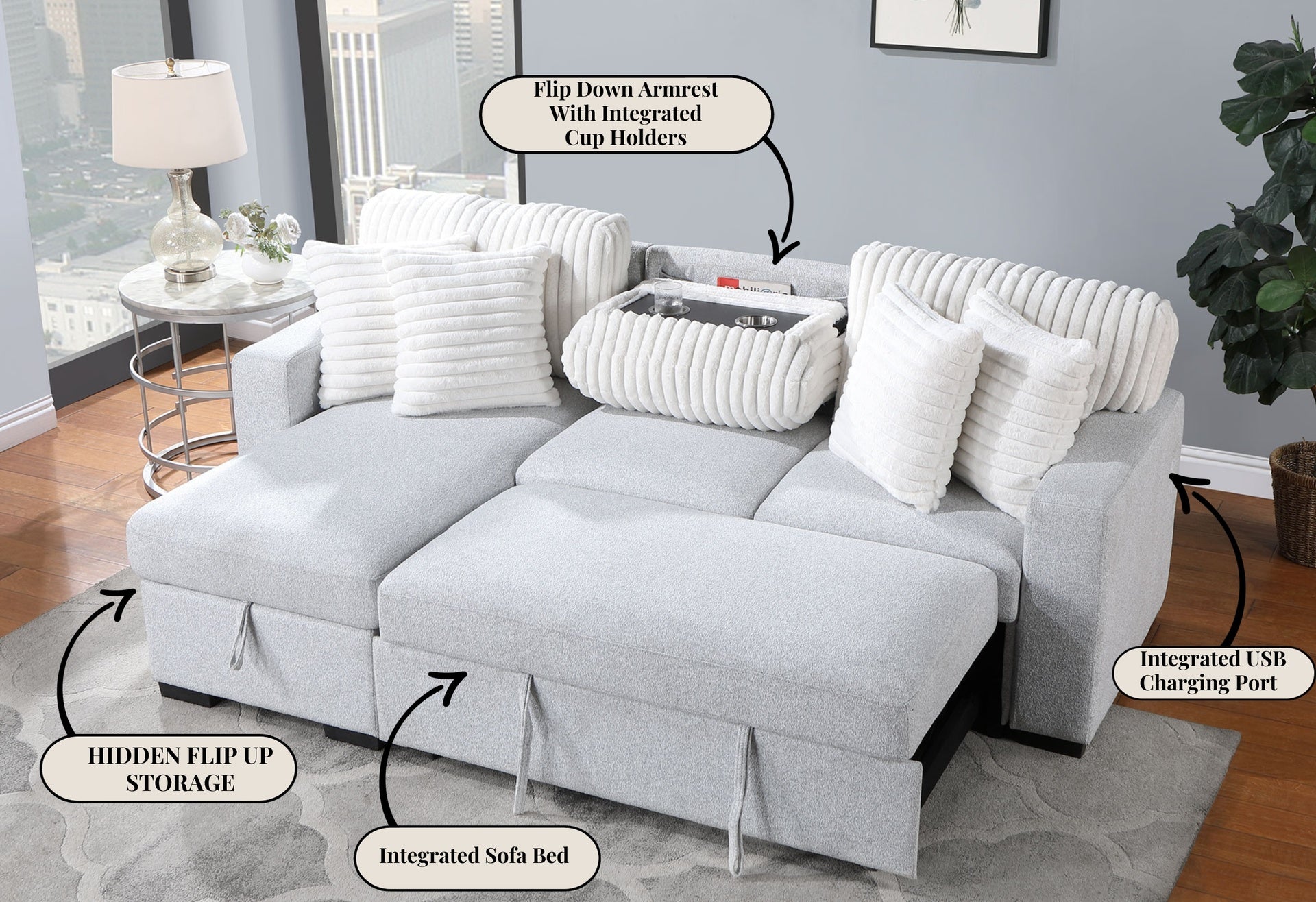 FORD LIGHT GREY/WHITE REVERSIBLE PULL OUT SOFA BED