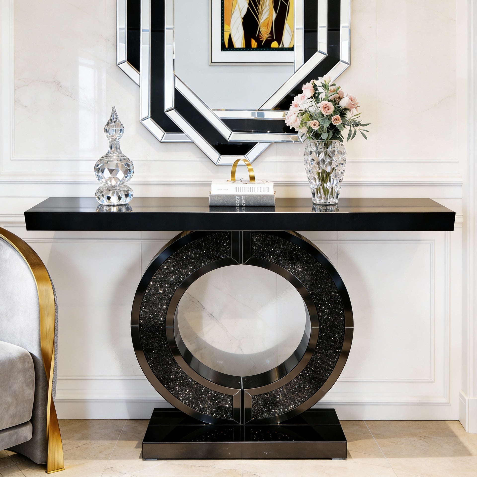 O Shaped Mirrored Console Table with Crystal Entryway Table for Living Room, Foyer, Hallway Entry Home Decor(Black)