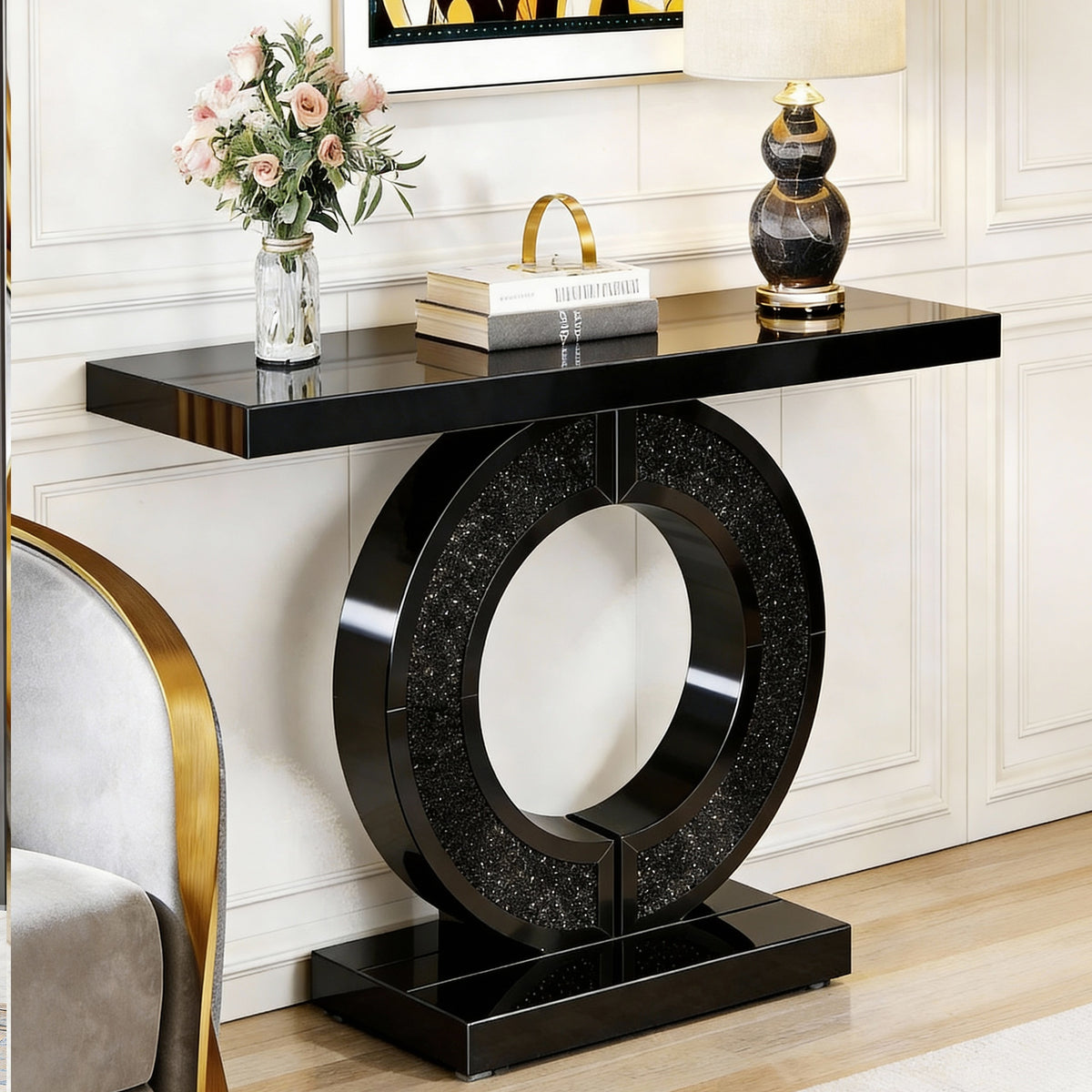 O Shaped Mirrored Console Table with Crystal Entryway Table for Living Room, Foyer, Hallway Entry Home Decor(Black)