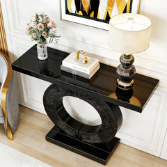 O Shaped Mirrored Console Table with Crystal Entryway Table for Living Room, Foyer, Hallway Entry Home Decor(Black)