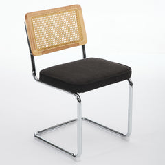 Mid Century Modern Dining Chairs Set of 2, Velvet Accent Chairs with Natural Cane Back & Stainless Chrome Base, Famous Breuer Designed Chairs, Upholstered Rattan Kitchen Chairs,Black color,SW1851BK
