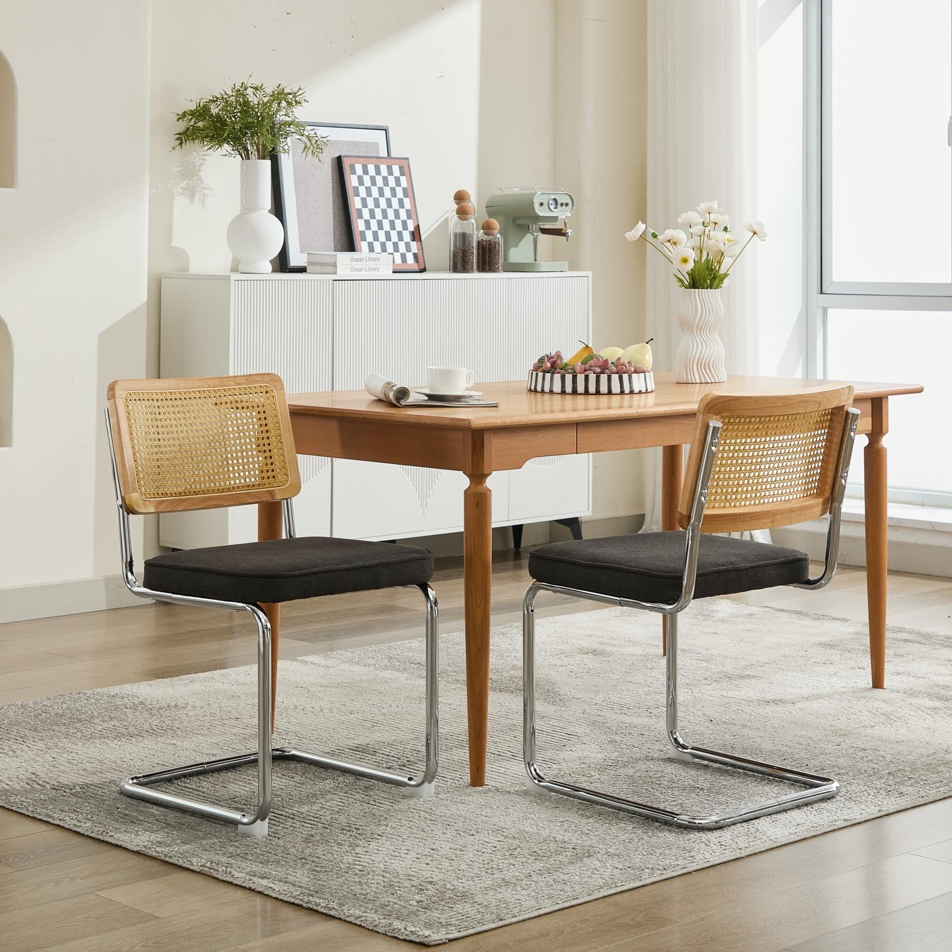 Mid Century Modern Dining Chairs Set of 2, Velvet Accent Chairs with Natural Cane Back & Stainless Chrome Base, Famous Breuer Designed Chairs, Upholstered Rattan Kitchen Chairs,Black color,SW1851BK