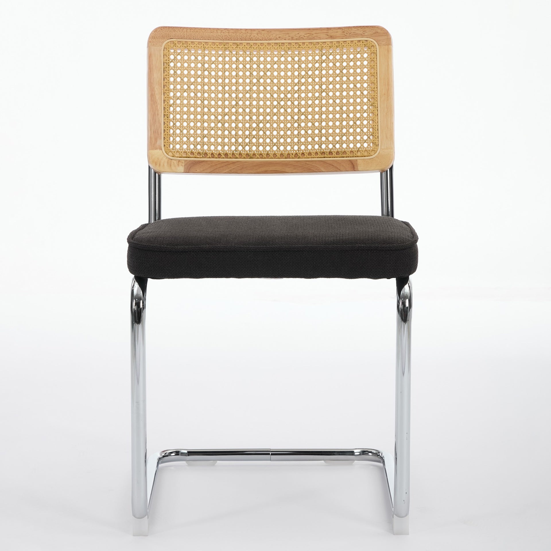 Mid Century Modern Dining Chairs Set of 2, Velvet Accent Chairs with Natural Cane Back & Stainless Chrome Base, Famous Breuer Designed Chairs, Upholstered Rattan Kitchen Chairs,Black color,SW1851BK