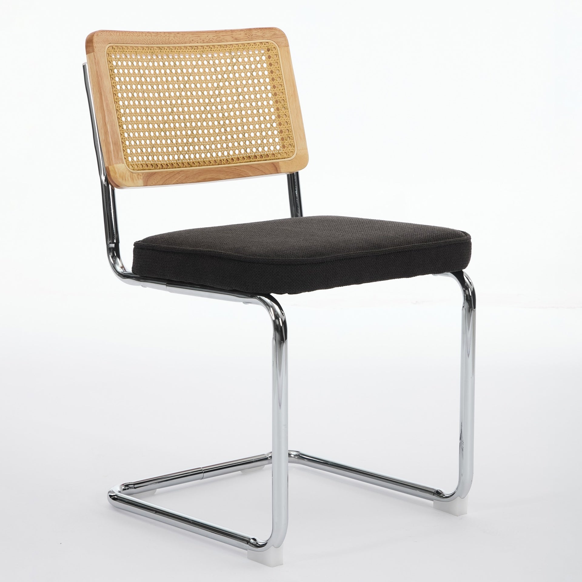 Mid Century Modern Dining Chairs Set of 2, Velvet Accent Chairs with Natural Cane Back & Stainless Chrome Base, Famous Breuer Designed Chairs, Upholstered Rattan Kitchen Chairs,Black color,SW1851BK