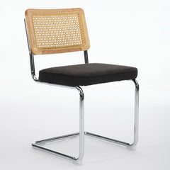 Mid Century Modern Dining Chairs Set of 2, Velvet Accent Chairs with Natural Cane Back & Stainless Chrome Base, Famous Breuer Designed Chairs, Upholstered Rattan Kitchen Chairs,Black color,SW1851BK