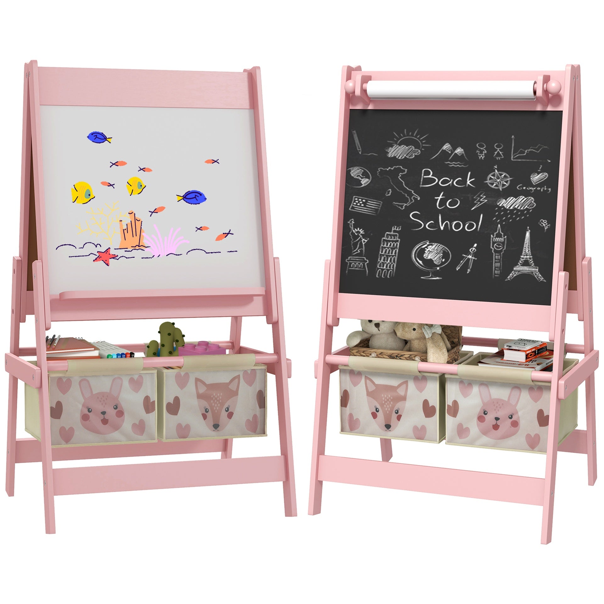 Qaba Art Easel for Kids with Paper Roll, 3 in 1 Toddler Painting Easel with Blackboard, Whiteboard, Storage Baskets, Pink