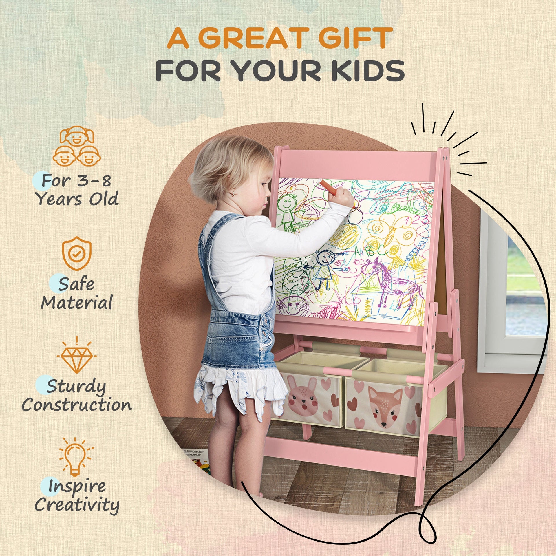 Qaba Art Easel for Kids with Paper Roll, 3 in 1 Toddler Painting Easel with Blackboard, Whiteboard, Storage Baskets, Pink