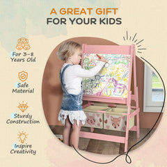 Qaba Art Easel for Kids with Paper Roll, 3 in 1 Toddler Painting Easel with Blackboard, Whiteboard, Storage Baskets, Pink
