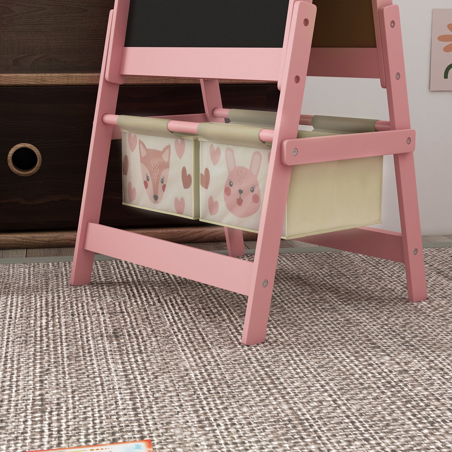 Qaba Art Easel for Kids with Paper Roll, 3 in 1 Toddler Painting Easel with Blackboard, Whiteboard, Storage Baskets, Pink
