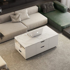 Modern Lift-Up Coffee Table with 2 Stools Set for Living Room Expandable Hidden Storage + Drawers Space Saving Folding Dining Table