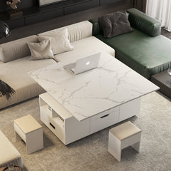 Modern Lift-Up Coffee Table with 2 Stools Set for Living Room Expandable Hidden Storage + Drawers Space Saving Folding Dining Table